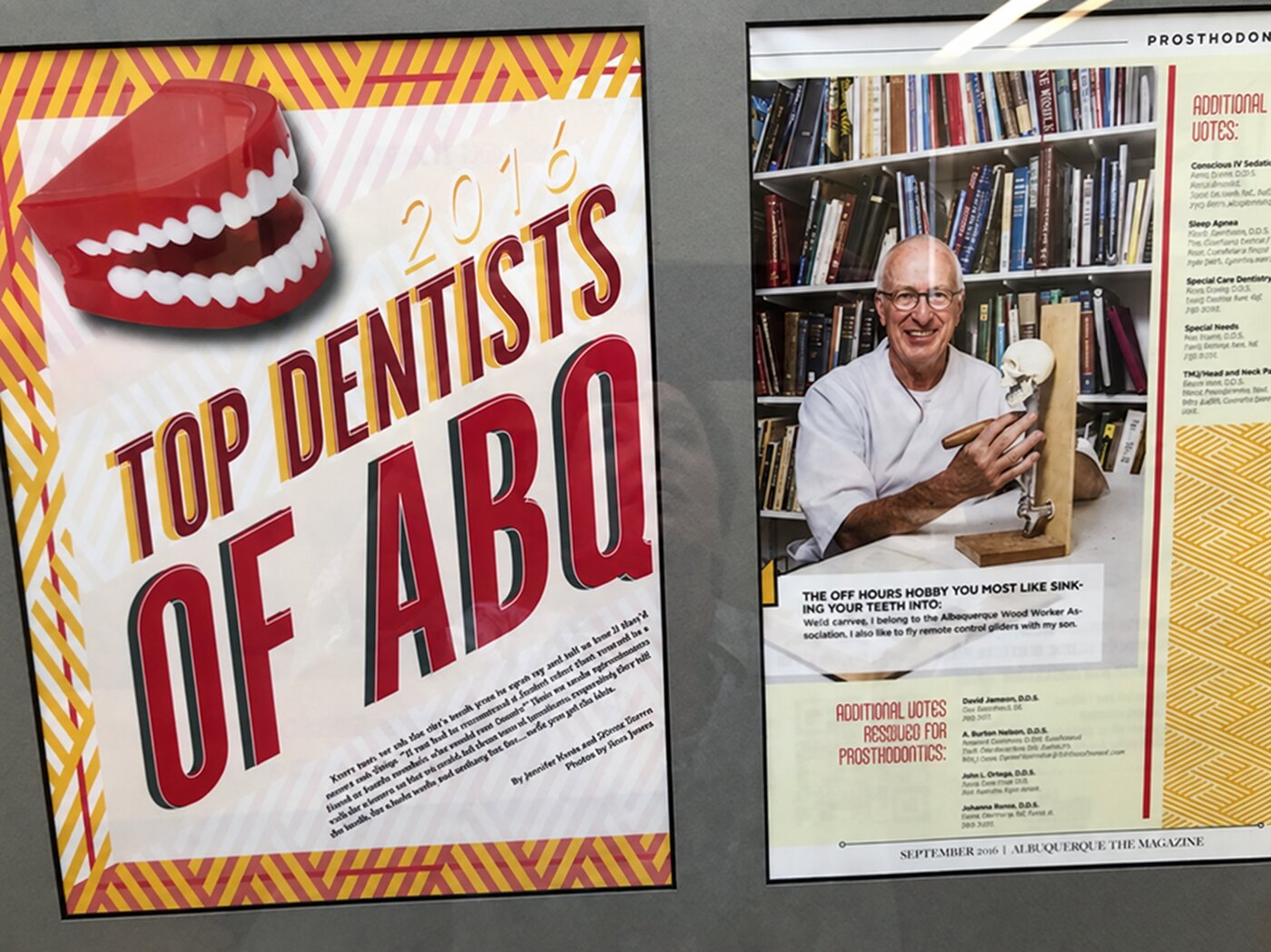 Framed Top Dentists of Albuquerque features from 2008 and 2016 on the office wall